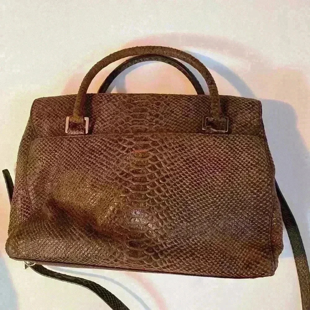NWOT Michael Kors Snakeskin Python Suede 2Way Brown Tote Bag Satchel Purse Large